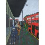 Julia Roberts (20th century British), Tourists, Safeway Kings Road, oil on canvas, H.66cm W.49cm