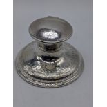 An Art Nouveau silver inkwell, planished finish, unmarked, filled base, 420g, H.7.5cm
