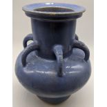 A Chinese Qing period blue glazed pottery vase, six handles in the form of elephant heads, H.23cm