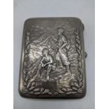 An early 20th century Russian silver case, embossed with hikers, blue stone clasp, gilt interior,