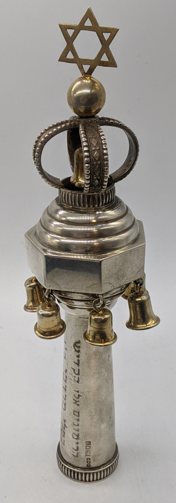 A single silver Torah bell (Rimon), gilt bells individually hallmarked, Hebrew inscriptions to