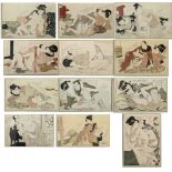 Kitagawa Utamaro (Japanese, 1753-1806), a collection of 12 shunga woodblocks, H.25.5cm W.38cm