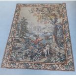 A large embroidered French wall hanging tapestry depicting a spaniel, ducks and a cockerel within