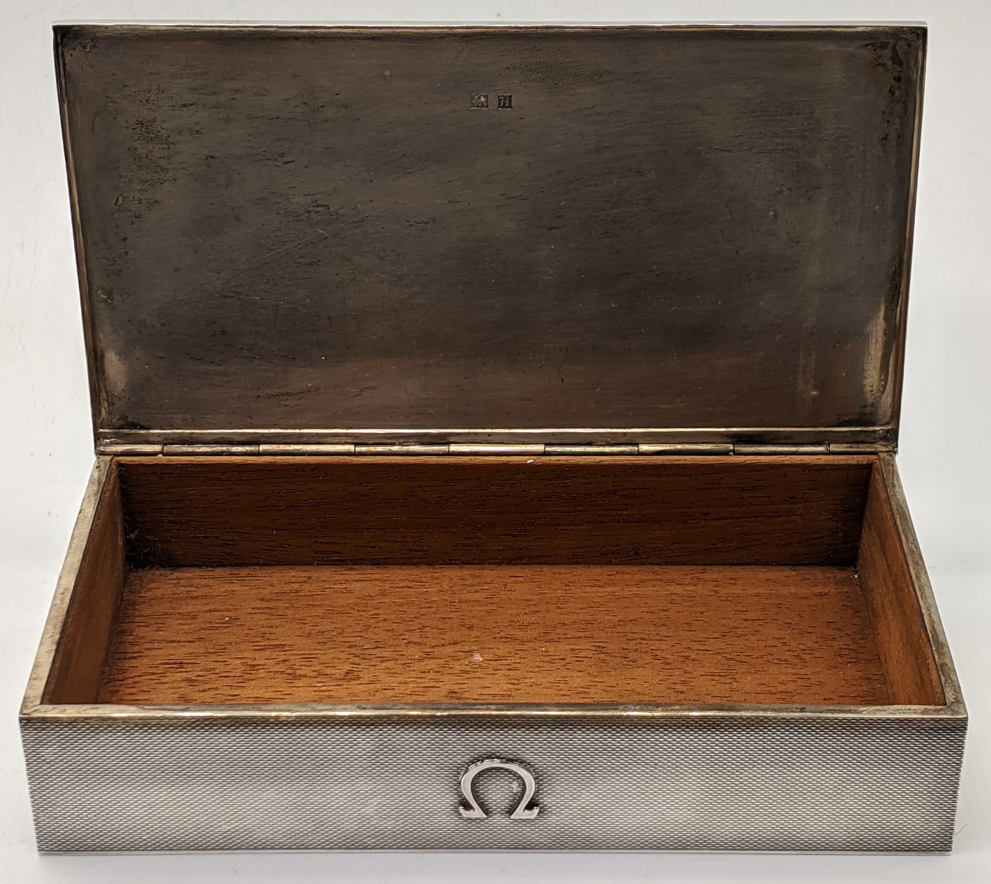 An Omega silver watch box, engine turned finish, hallmarked Birmingham, 1957, maker Atkins Bros - Image 6 of 6