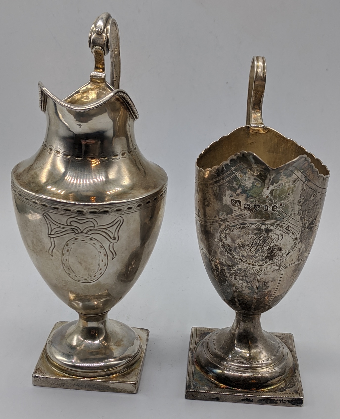 2 George IV silver cream jugs/ sauce boats, hallmarked London, 1828, maker John & Henry Lias, and - Image 6 of 9