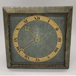 A Deco shagreen mantel clock, brass chapter ring, Roman numerals, with key, H.25cm W.25cm