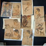 A collection of 11 prisoner of war drawings, ink with watercolour, 2 framed