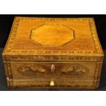 A 19th century walnut parquetry inlaid box, lower drawer, H.13cm L.27cm D.21cm