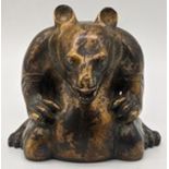 A Chinese bronze bear incense burner coated in a gold colour wash,