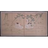 A Japanese Kano style painting on silk of Swans on a lake, mounted on wall panel, signature lower