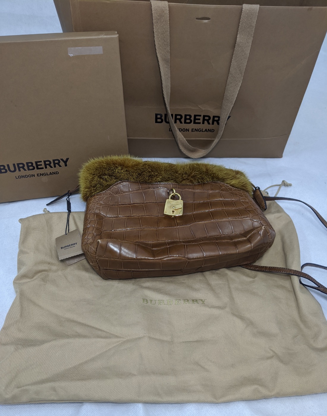 Burberry The Little Crush handag, alligator body with gold mink fur trim and gilt metal hardware,