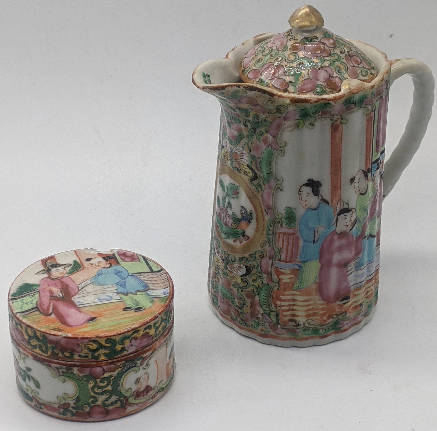 A late 19th century Chinese famille rose porcelain jug H.12cm, together with a famille rose