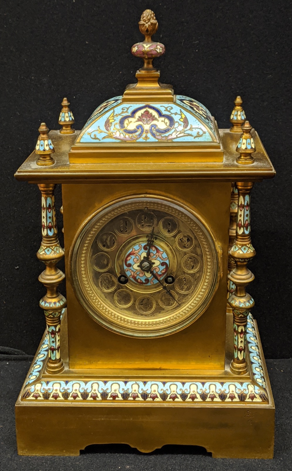 An early 20th century French blue champleve enamelled brass mantel clock, 8 day movement, H.33cm