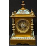 An early 20th century French blue champleve enamelled brass mantel clock, 8 day movement, H.33cm