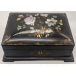 A Victorian black lacquered box inlaid with mother of pearl, L.23cm