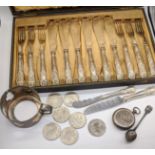 A set of silver handled, knives and forks, hallmarked Sheffield, together with other silver