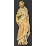 A 16th century Spanish wooden carving of Madonna, remnants of paint pigment, H.64cm