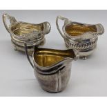 3 George III silver cream jugs, later repousse embossed, vacant cartouches, London hallmarks,