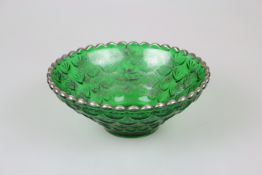 Murano, Glasschale, Ende 19. Jh., grün, handgemalte Miniaturveduten in Silber.