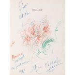 Chagall, Marc.Eigenhändige Zeichnung in Grün, Blau und Rot, mit Widmung und Unterschrift "Marc