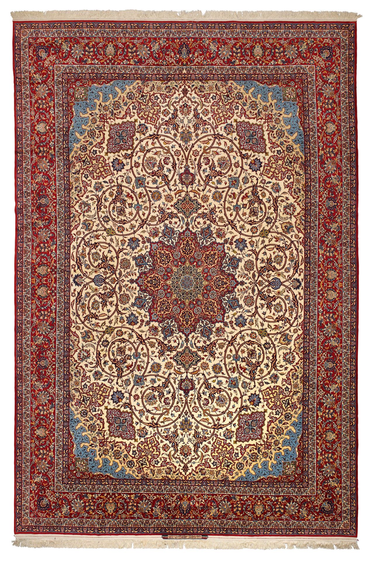 ISFAHAN SERAFIAN alt.Rotes Zentralmedaillon auf weissem Grund mit hellblauen Ecklösungen. Der