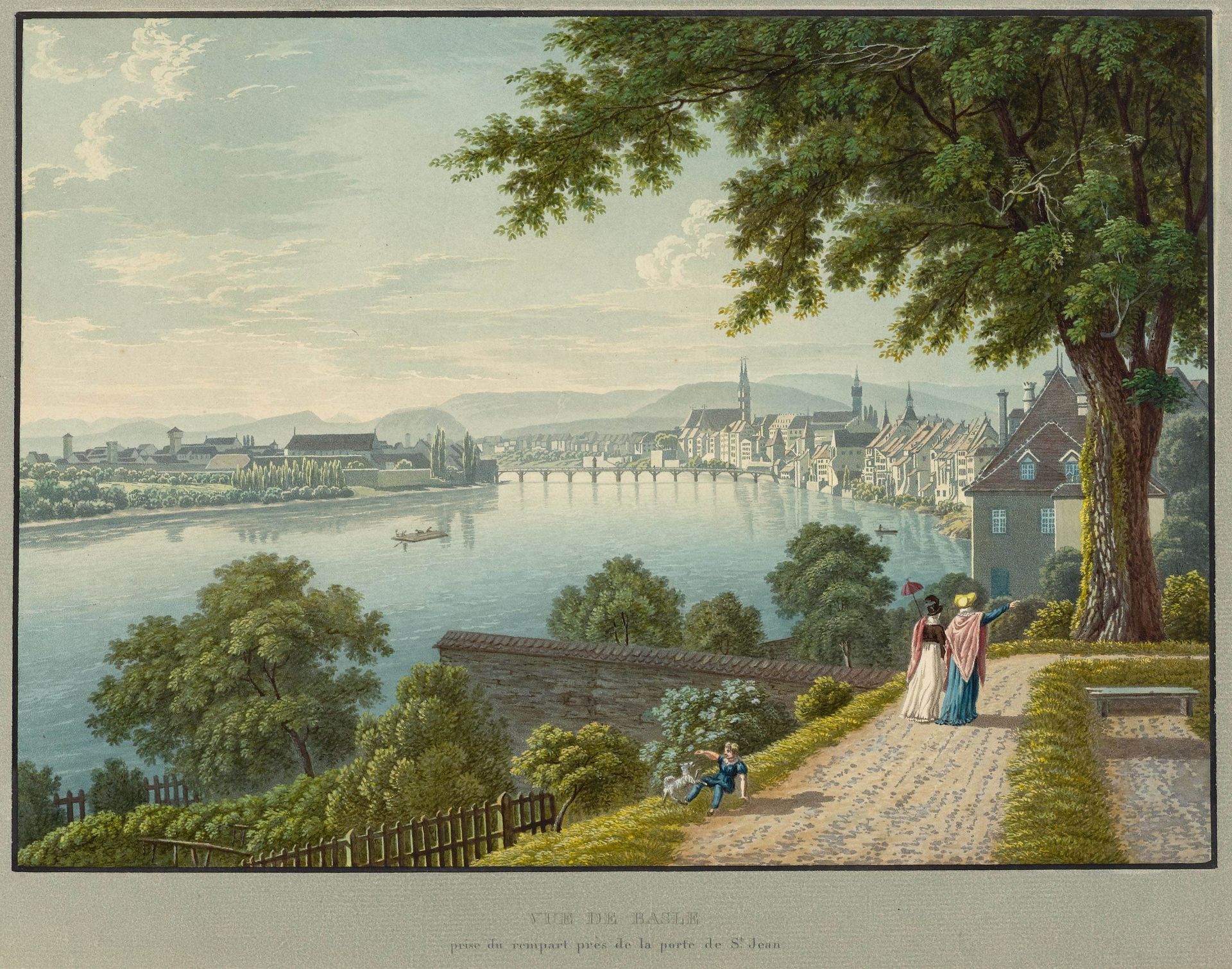 BASEL.-Vue de Basle, prise du rempart près de la port de St. Jean. Um 1840.Altkolorierte