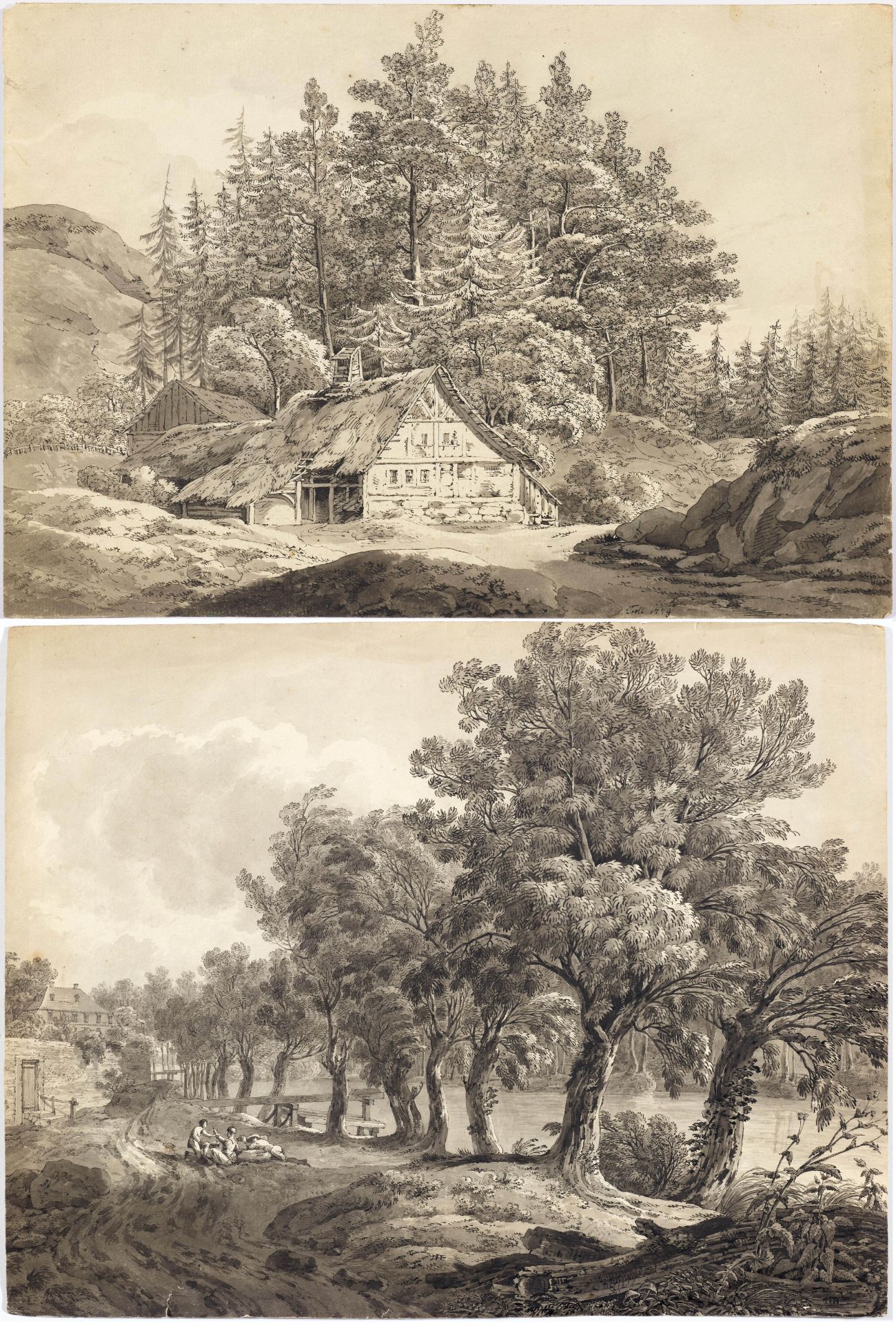 JOHANN HEINRICH TROLL(1756 Winterthur 1824)1. Landschaft mit Gehöft; 2. Flusslandschaft mit