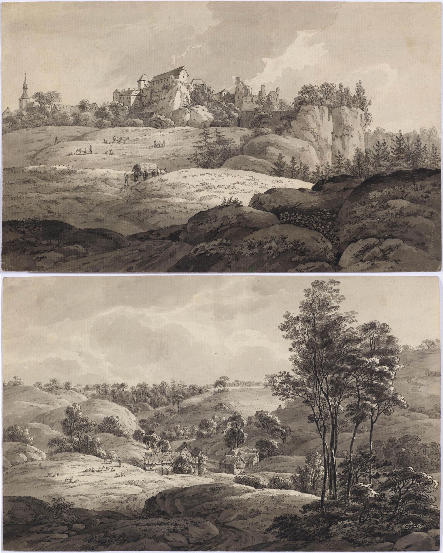 JOHANN HEINRICH TROLL(1756 Winterthur 1824)1. Blick auf Burg Hohenstein in Sachsen; 2. Sächsische
