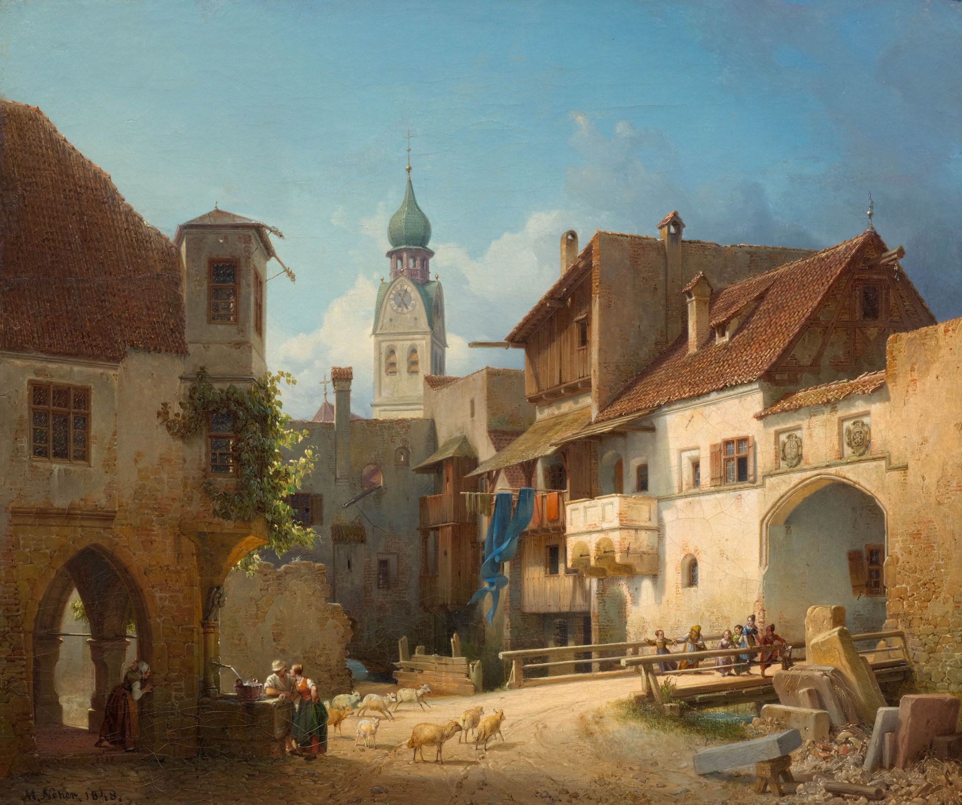 MICHAEL NEHER(1798 München 1876)Mittelalterliche Stadtansicht mit Alltagsgeschehen. 1848.Öl auf