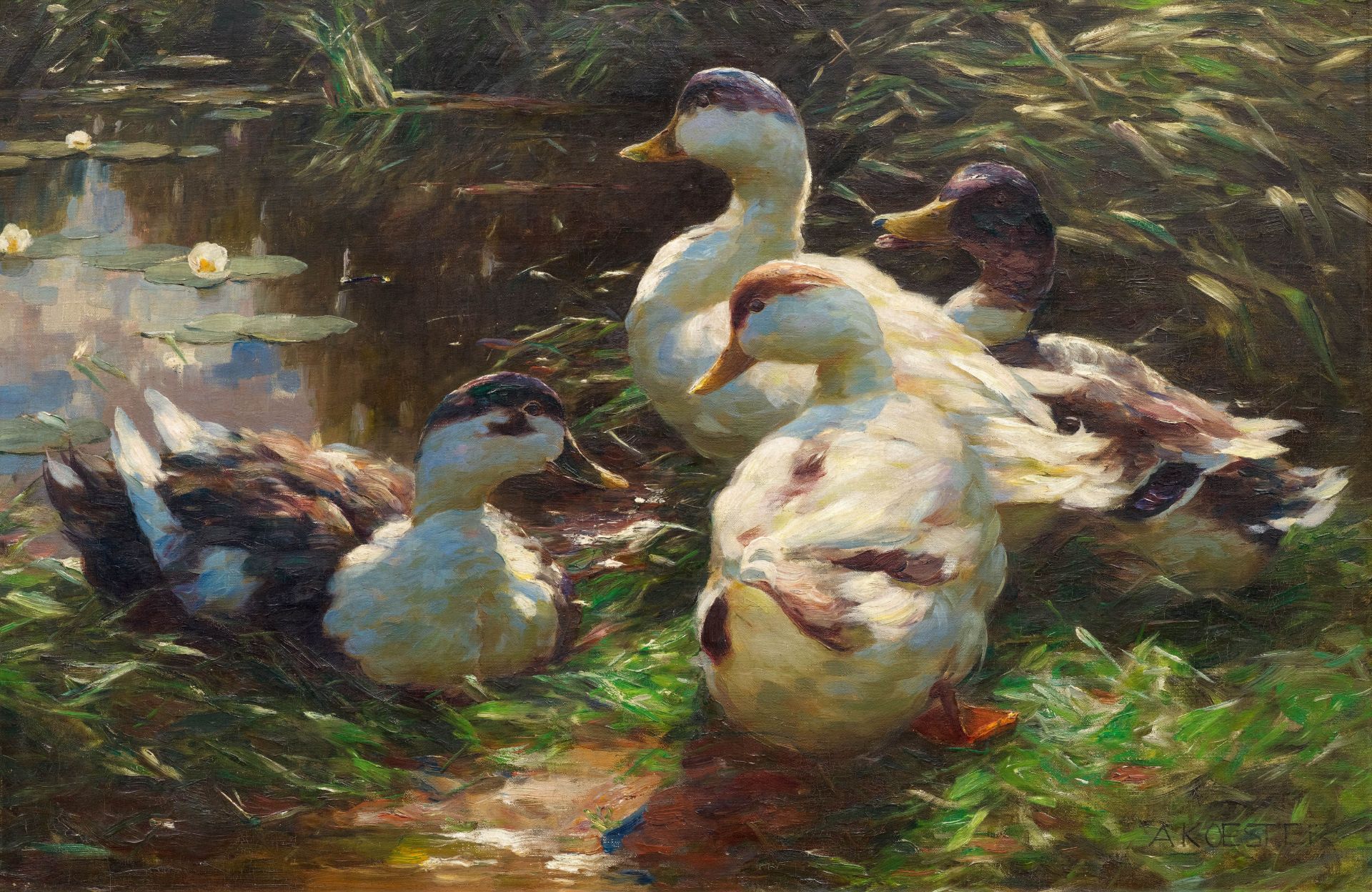 ALEXANDER KOESTER(Bergneustadt 1864–1932 München)Vier Enten an einem Teich.Öl auf Leinwand.Unten