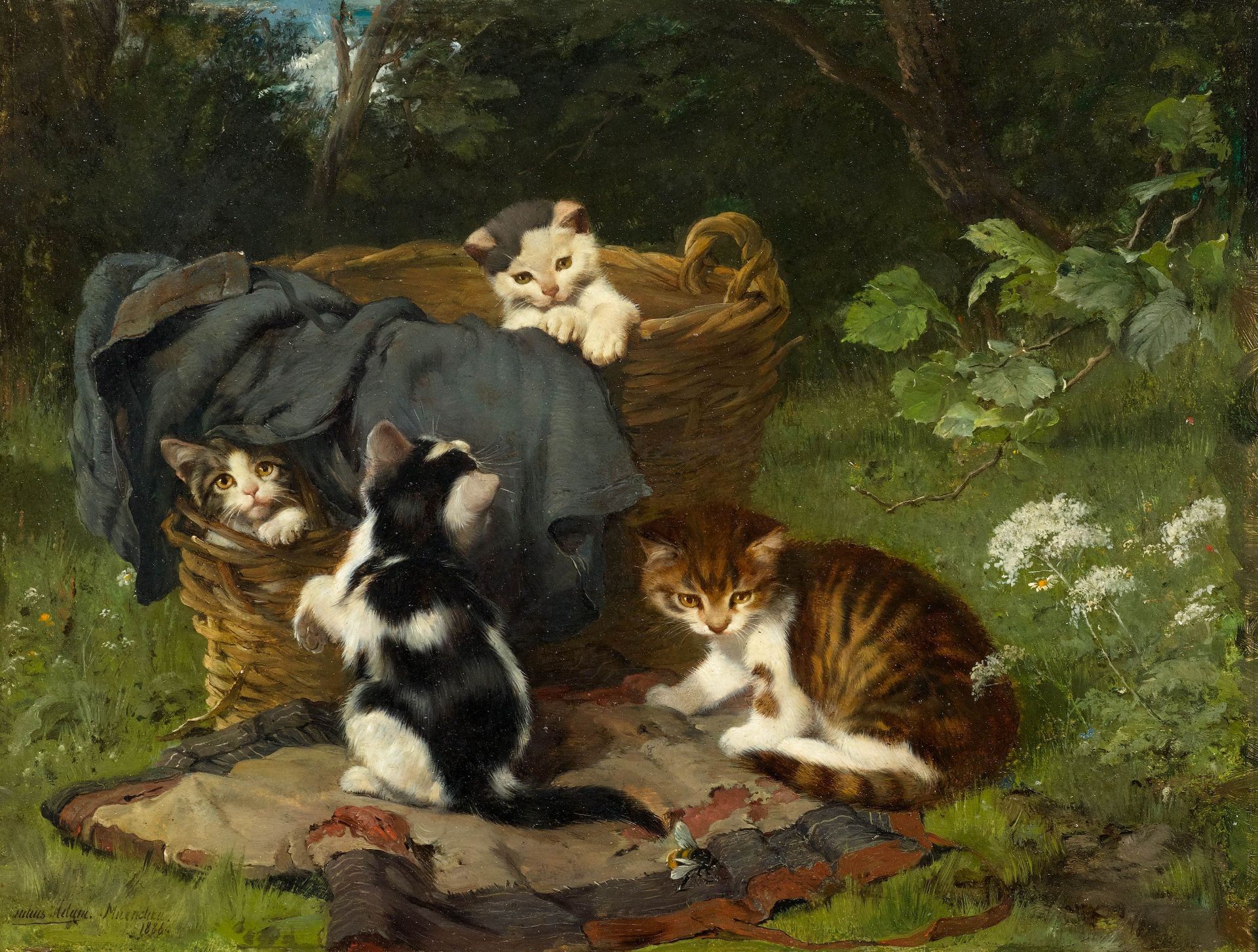 JULIUS ADAM D. J.(1852 München 1913)Vier spielende Kätzchen - die Hummel. 1886.Öl auf Holz.Unten