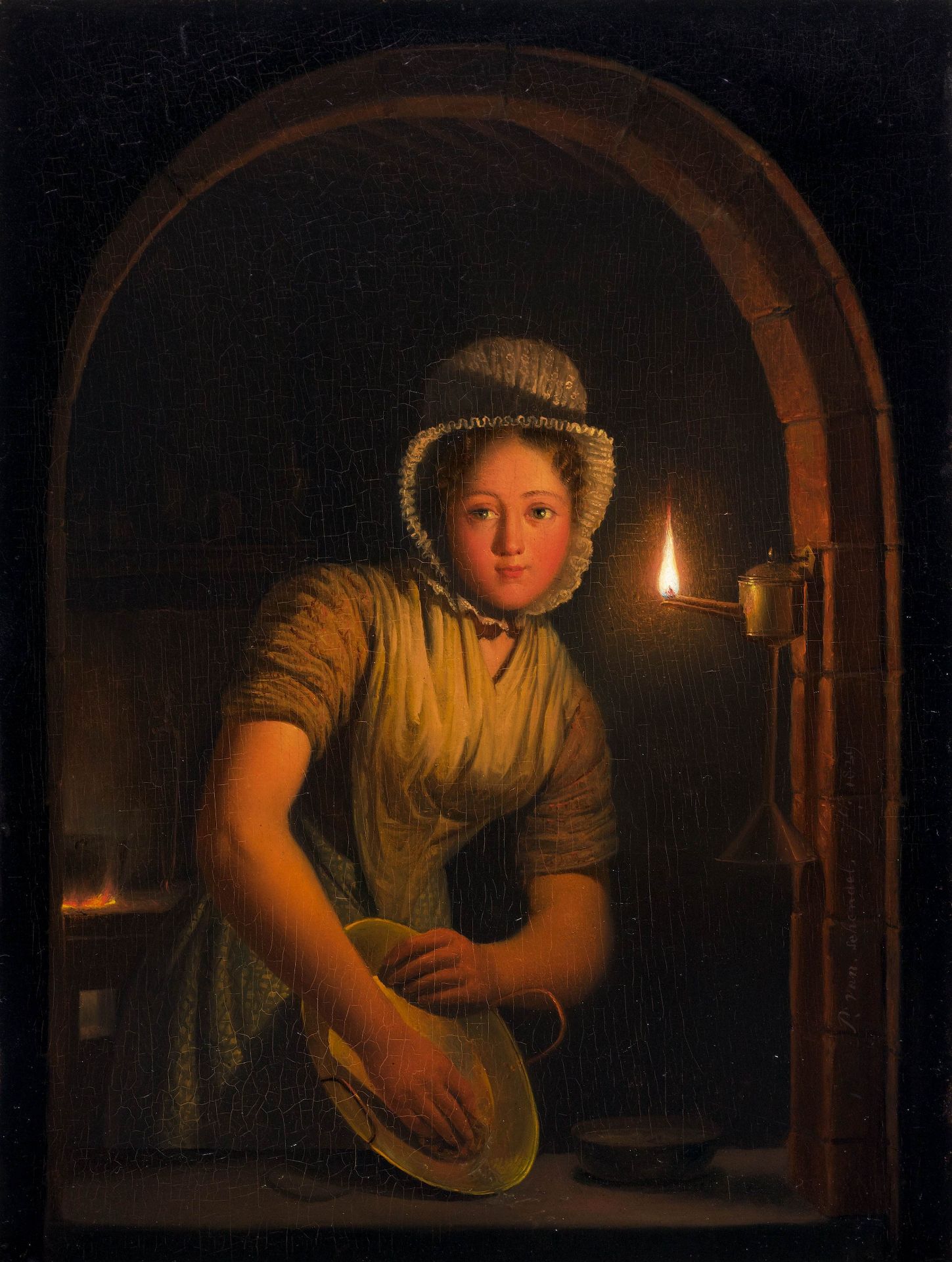 PETRUS VAN SCHENDEL(Terheijden 1806–1870 Brüssel)Junge Frau bei Kerzenschein. 1829.Öl auf Holz.Unten
