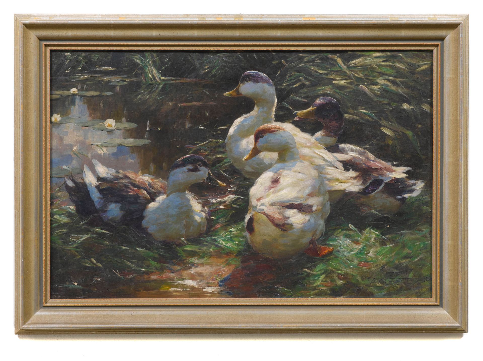 ALEXANDER KOESTER(Bergneustadt 1864–1932 München)Vier Enten an einem Teich.Öl auf Leinwand.Unten - Image 2 of 2