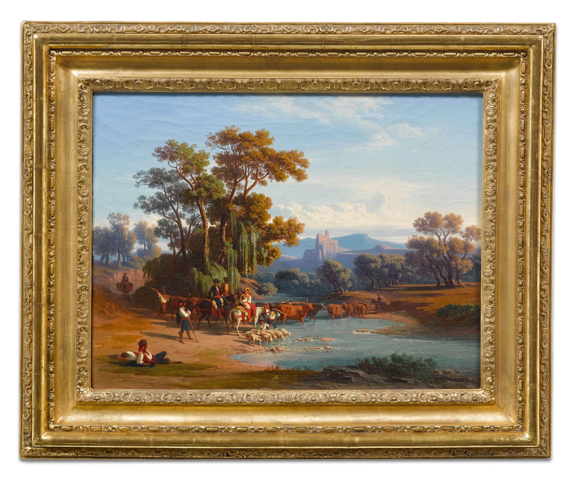 JOHANN JAKOB FREY(Basel 1813–1865 Frascati)Hirten an der Furt in der italienischen Campagna. 1856.Öl - Image 2 of 2