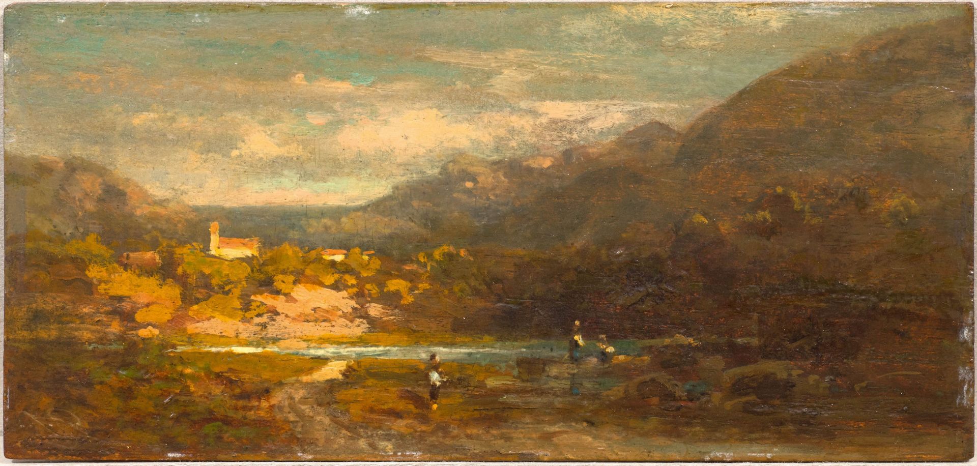 CARL SPITZWEG(1808 München 1885)Landschaft mit Flusslauf, vorne drei Staffagefiguren, hinten links