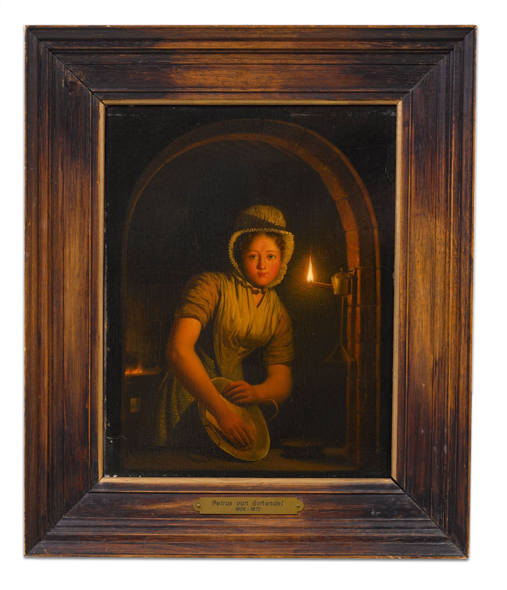 PETRUS VAN SCHENDEL(Terheijden 1806–1870 Brüssel)Junge Frau bei Kerzenschein. 1829.Öl auf Holz.Unten - Image 2 of 2