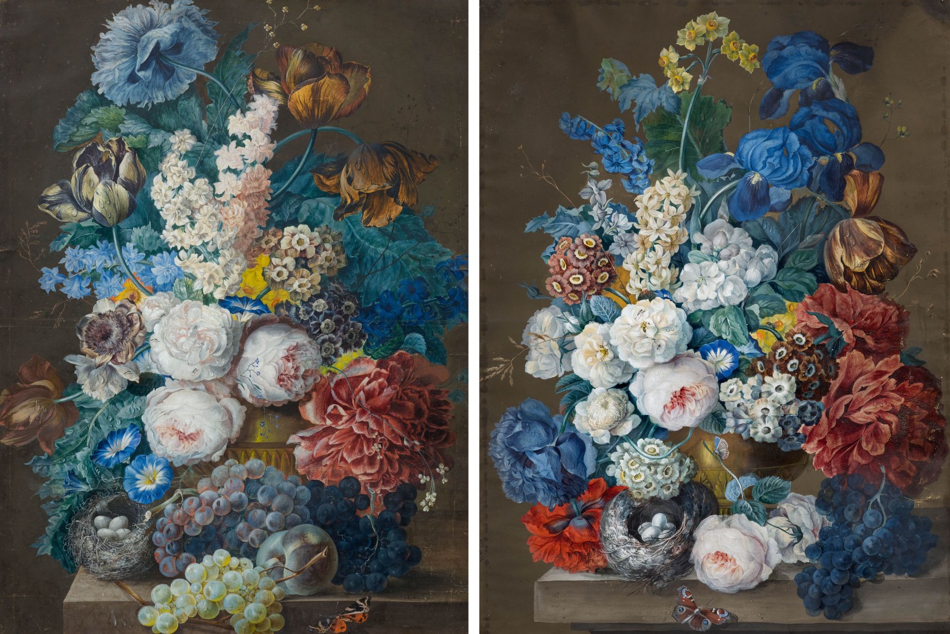 JOSEPH NIGG(1782 Wien 1863)Gegenstücke: Blumenstillleben mit Tulpen, Pfingstrosen, Malven sowie