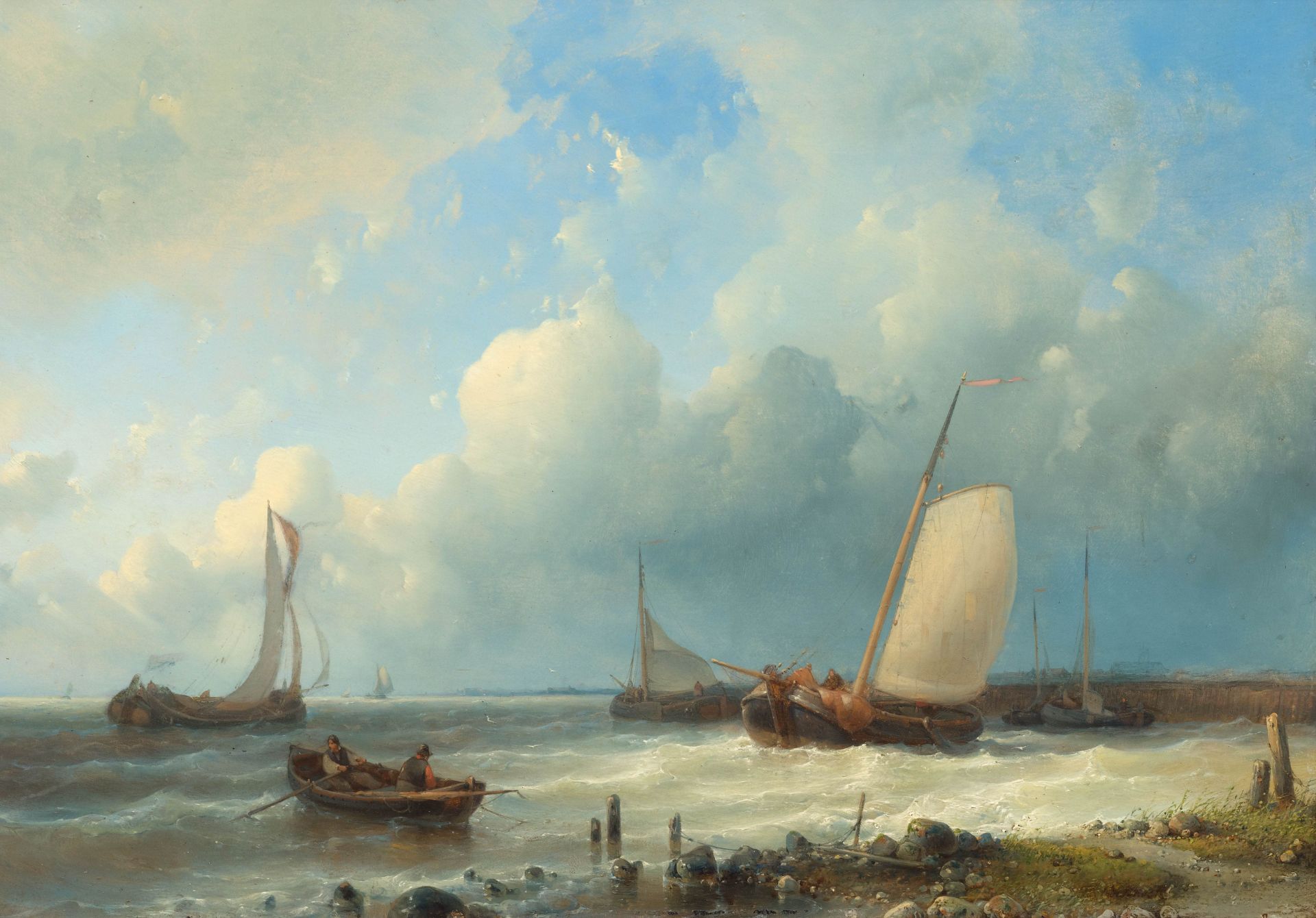 ABRAHAM HULK D. Ä.(London 1813–1897 Zevenaar)Segelschiffe vor der Küste bei aufgewühlter See.Öl