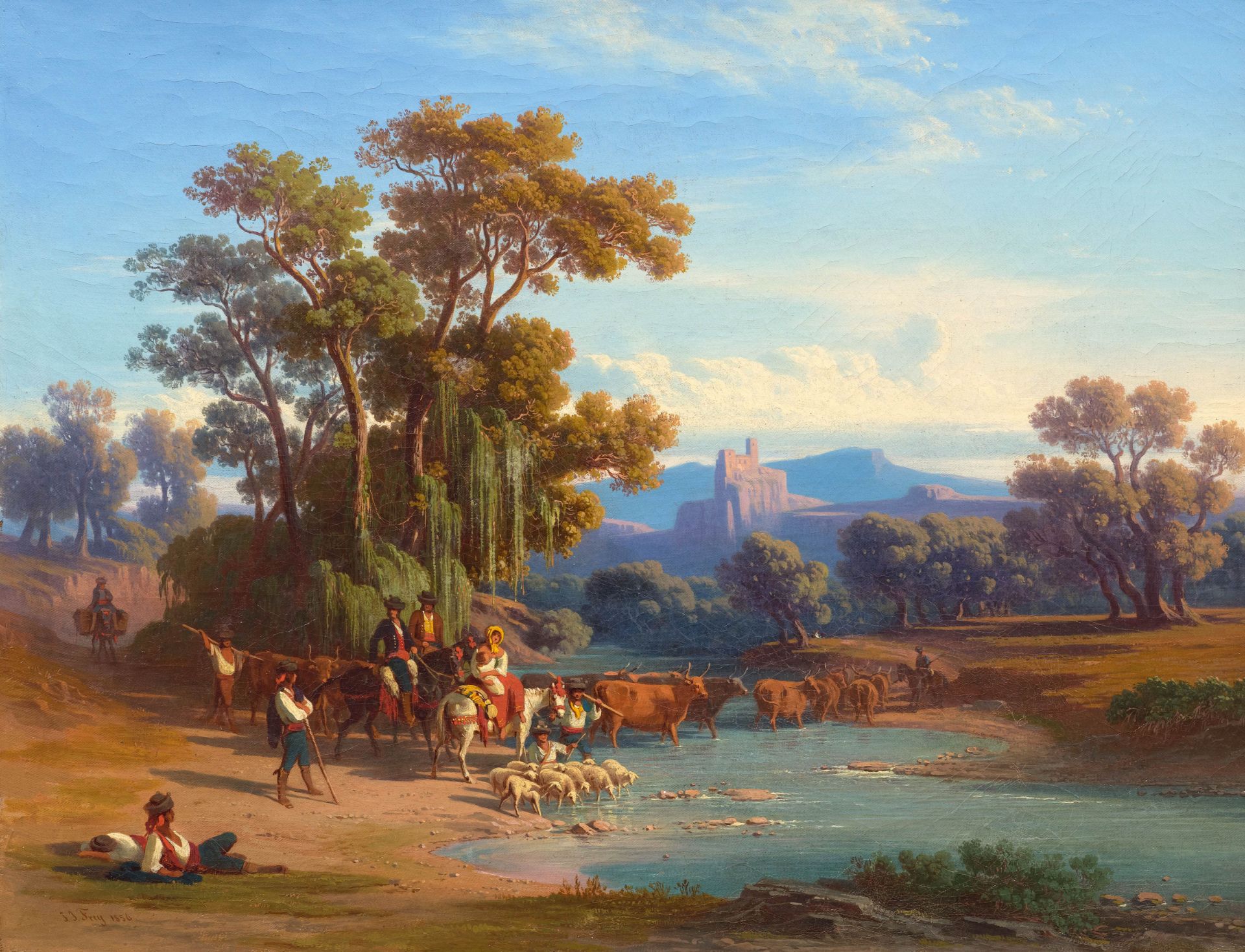 JOHANN JAKOB FREY(Basel 1813–1865 Frascati)Hirten an der Furt in der italienischen Campagna. 1856.Öl