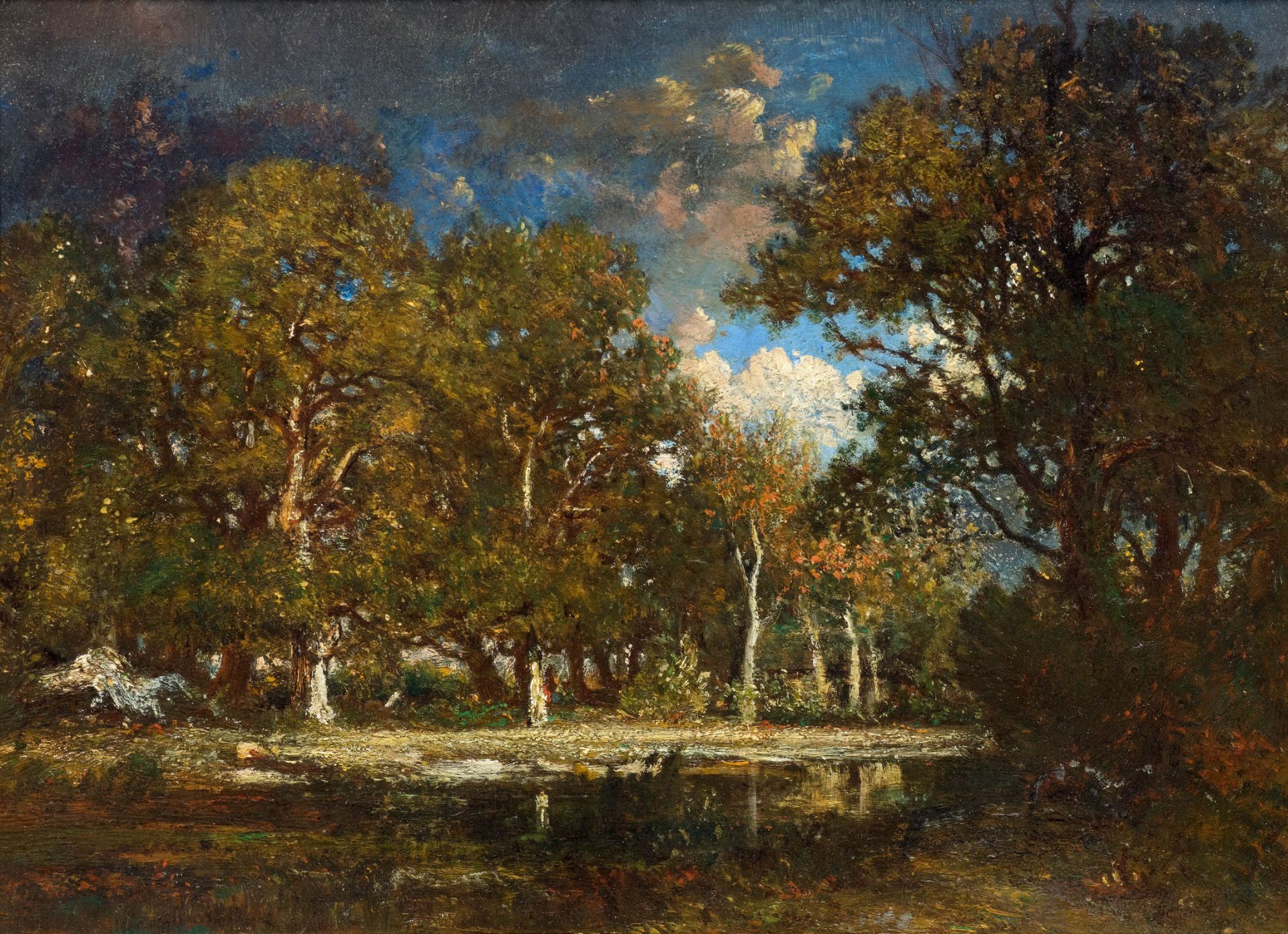 THÉODORE ROUSSEAU(Paris 1812–1867/79 Barbizon)Etang dans la forêt. La mare aux Evées.Öl auf Holz.