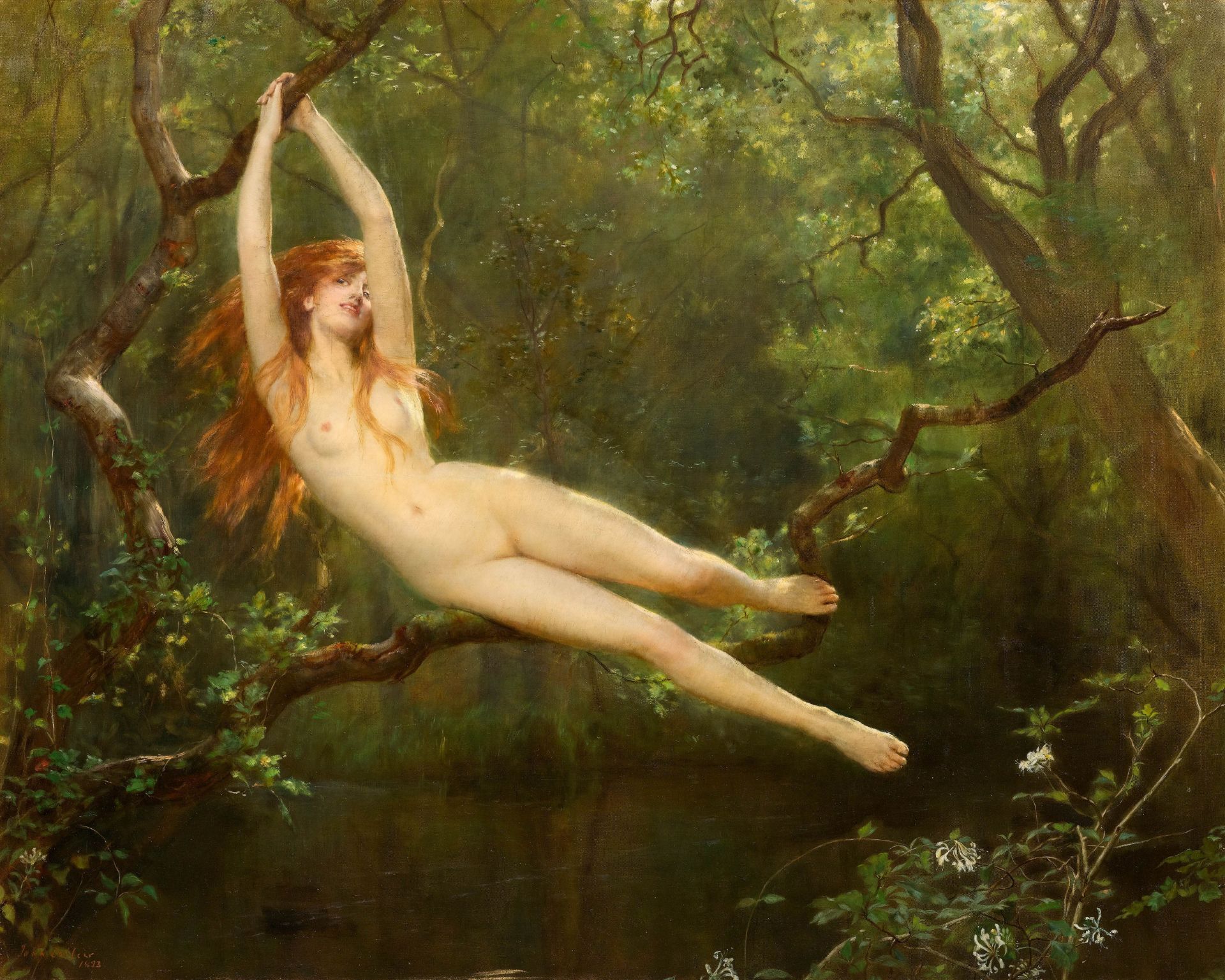 JOHN COLLIER(1850 London 1934)Nymphe im Wald. 1893.Öl auf Leinwand.Unten links signiert und datiert: