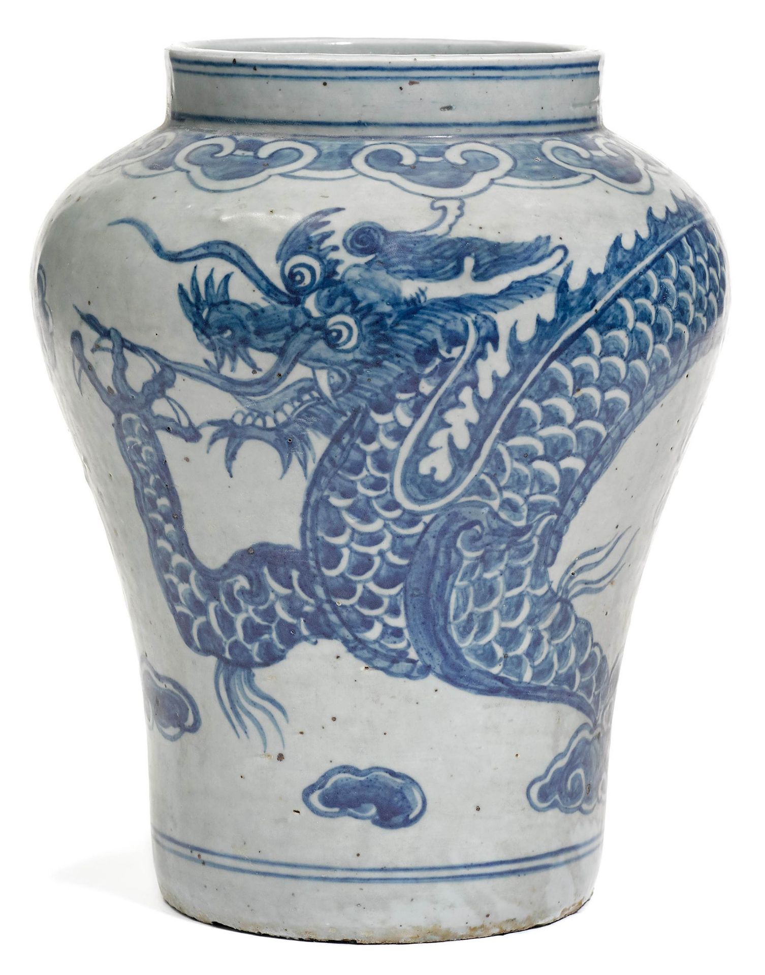 A BLUE AND WHITE DRAGON JAR.