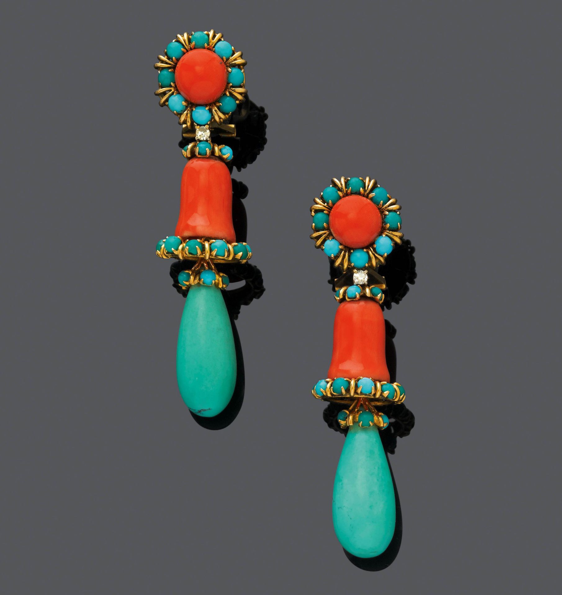 TURQUOISE AND CORAL EAR PENDANTS, ca. 1950.