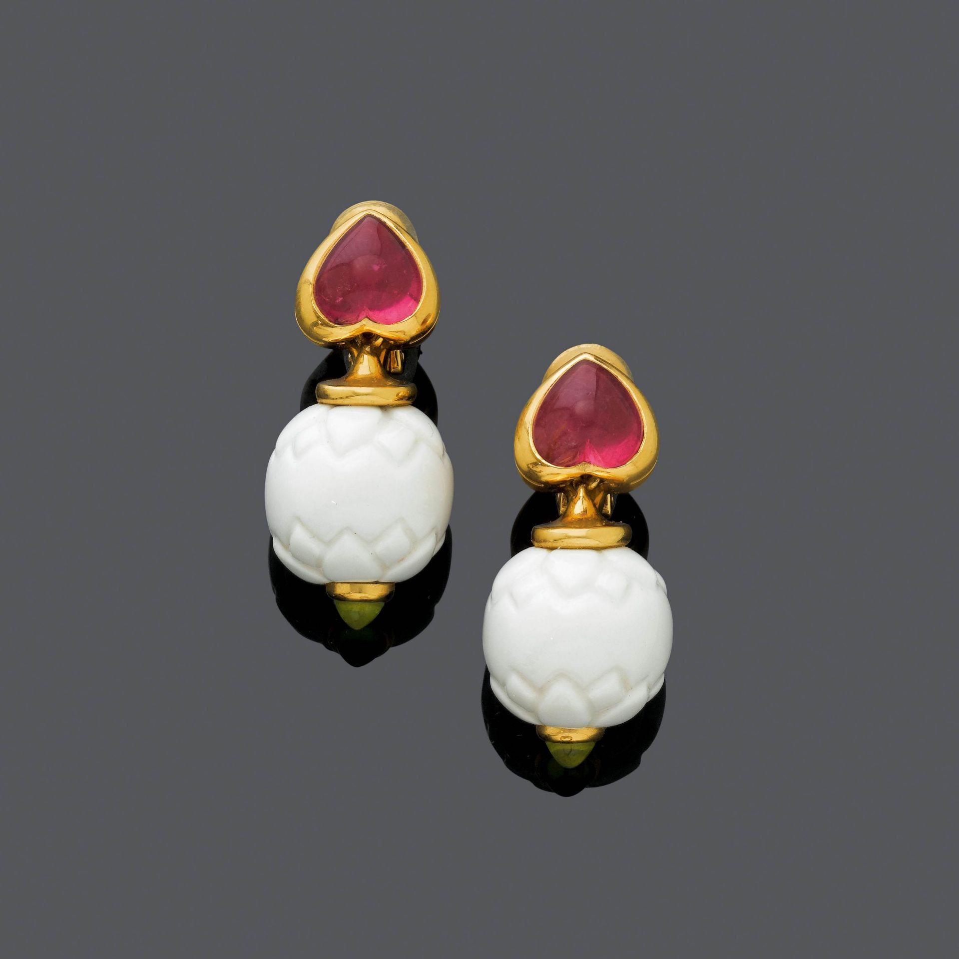 PORCELAIN, MULTIGEM AND GOLD EAR PENDANTS, BY BULGARI.