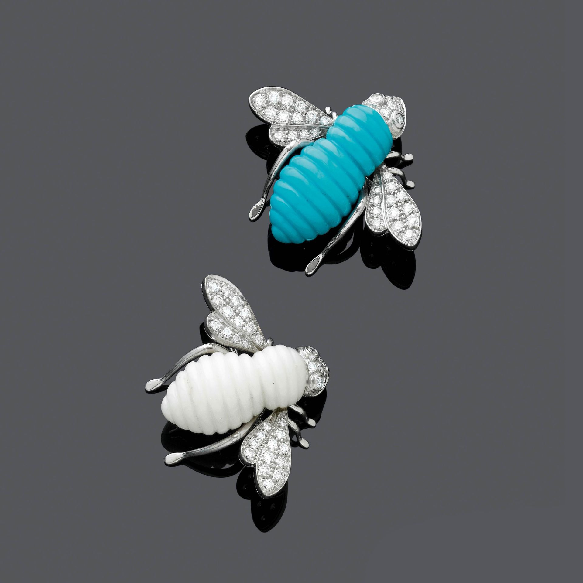 TWO TURQUOISE/CORAL AND DIAMOND BROOCHES, BY SABBADINI.