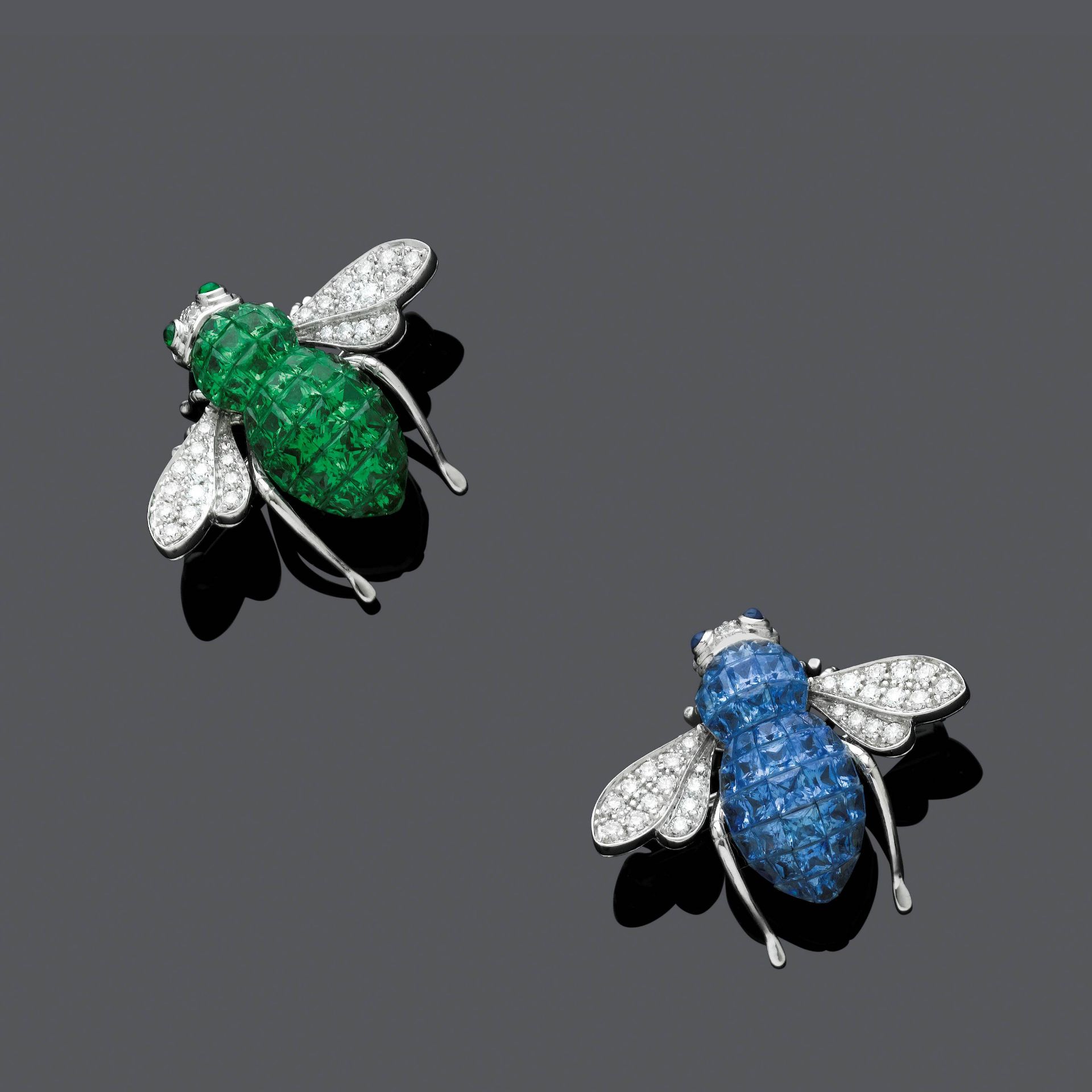 TWO SAPPHIRE/TSAVORITE AND DIAMOND BROOCHES, BY SABBADINI.