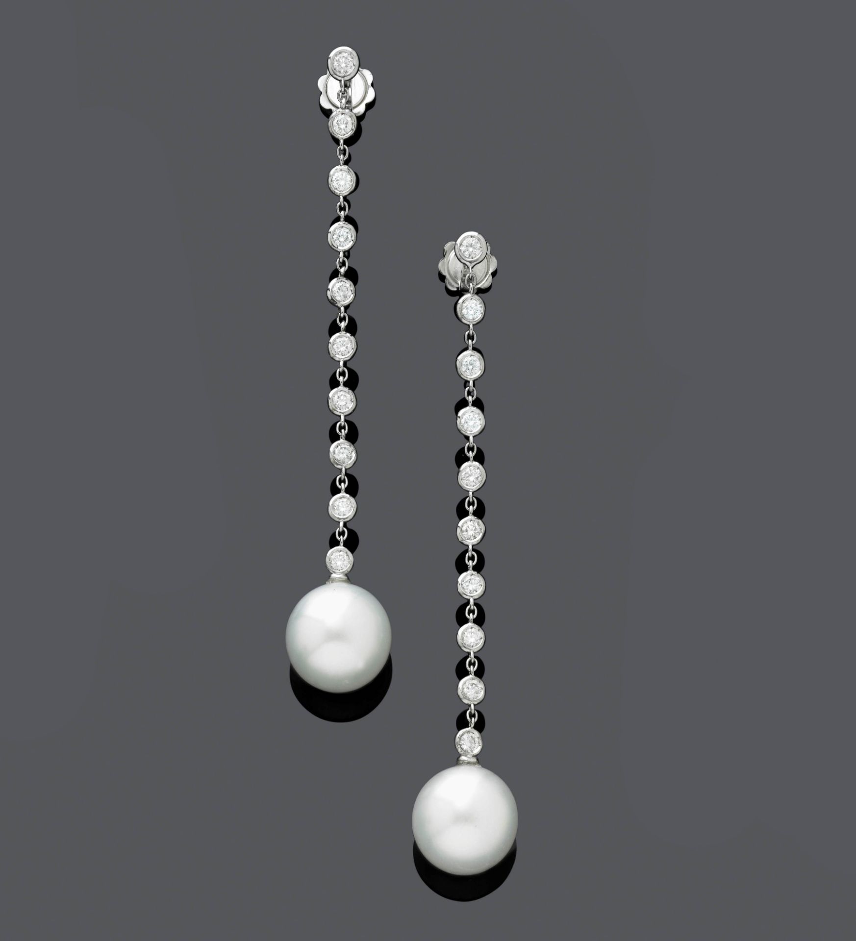 PEARL AND DIAMOND EAR PENDANTS.