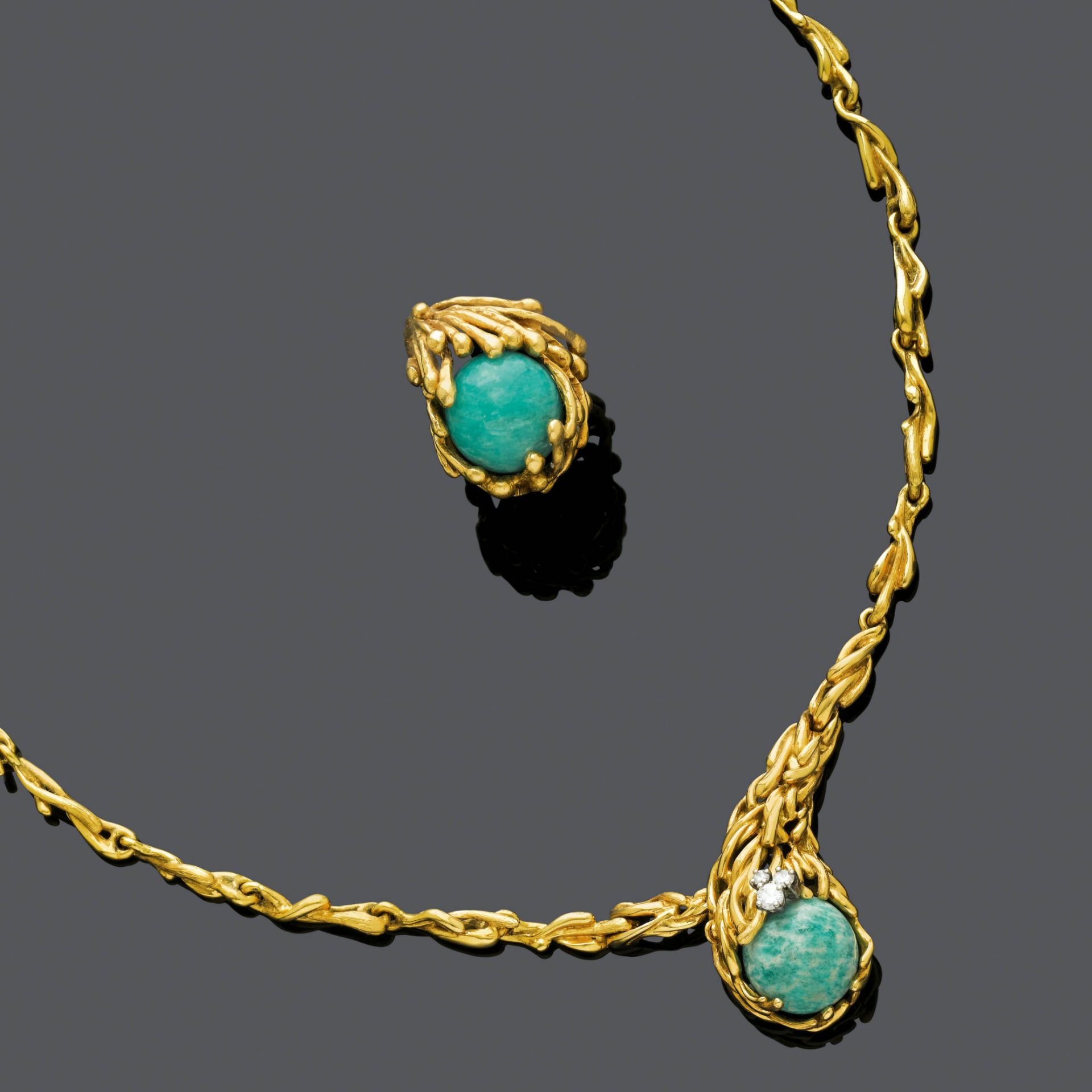 MULTIGEM AND GOLD NECKLACE WITH RING, BY GILBERT ALBERT.