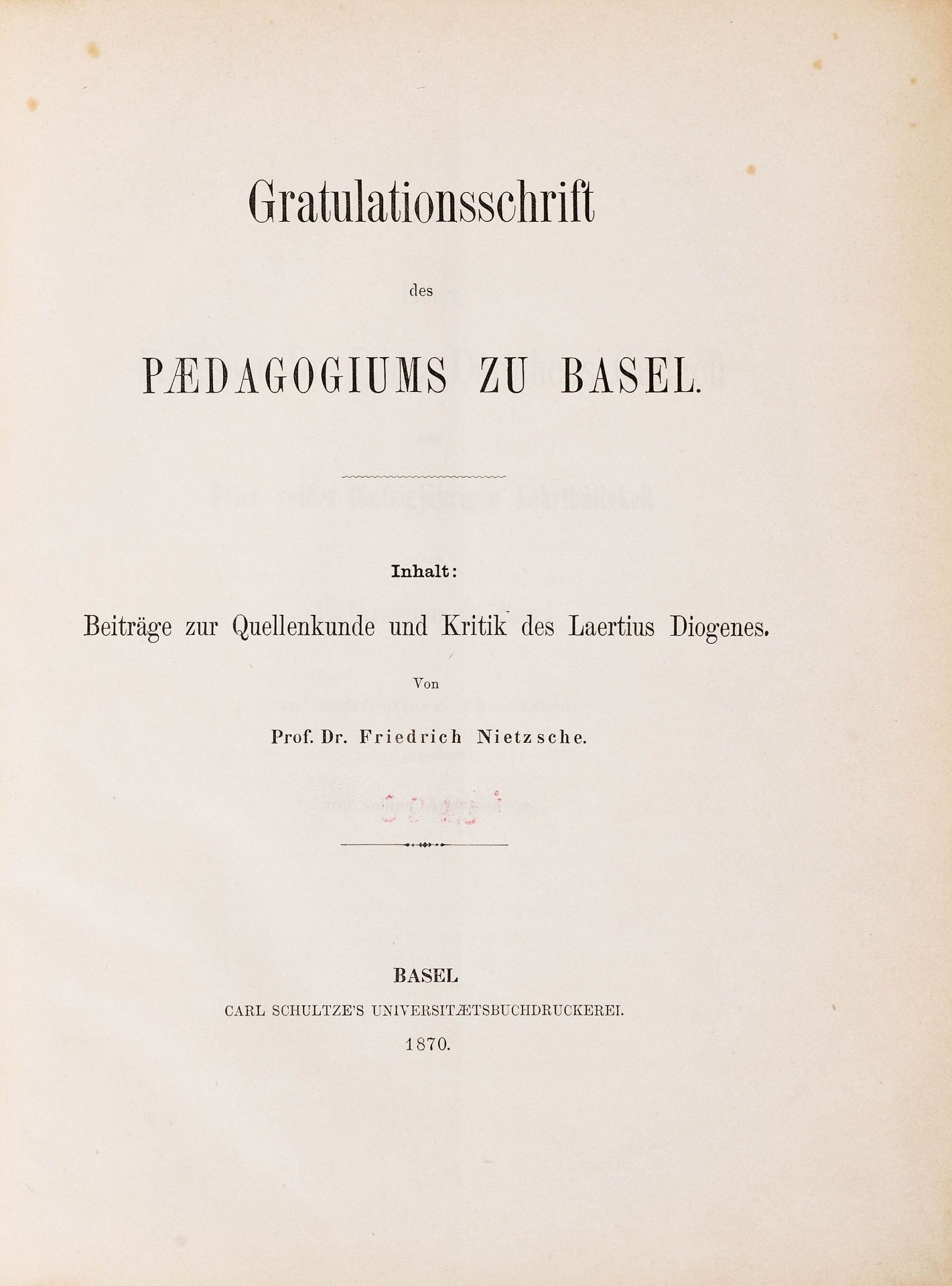 PHILOSOPHIE -Nietzsche, Friedrich.Beiträge zur Quellenkunde und Kritik des Laertius Diogenes.