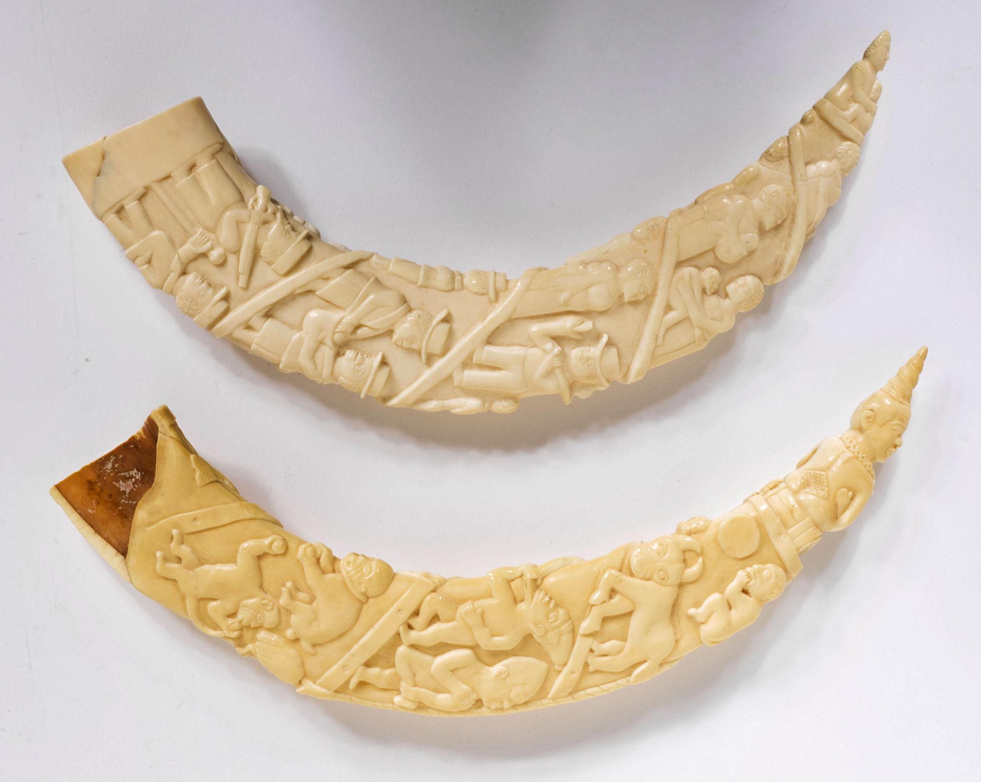 TWO CARVED HIPPOPOTAMUS TUSKS - Image 2 of 4